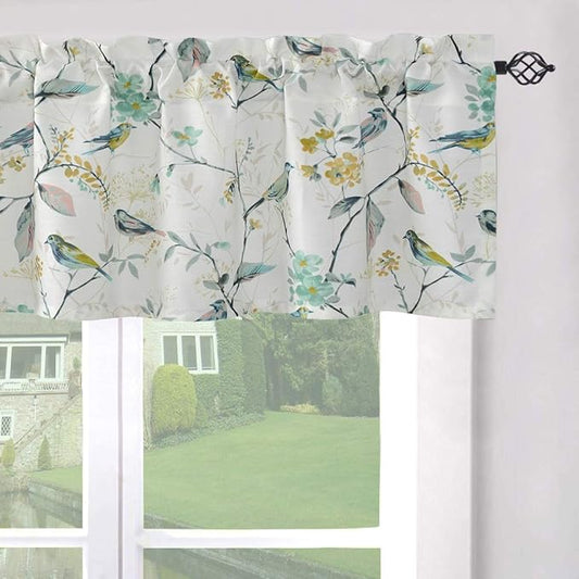 Leeva Windows Valances for Bathroom, Birds Garden Print Pattern Thermal Insulated Short Curtains for Bedroom Kitchen, 52 x 12, Green, One Panel