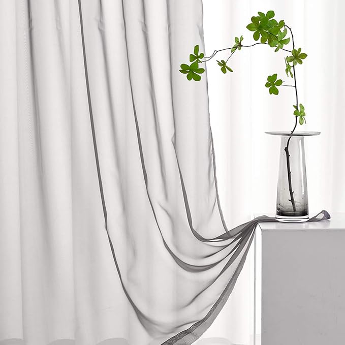 Gray Sheer Voile Curtains Short Translucent Solid Color Window Treatment 45 Inch Length Panels Rod Pocket Grey Sheers 45 Inches Long for Small Window Bedroom Living Room kitchen 2 Panels 52x45