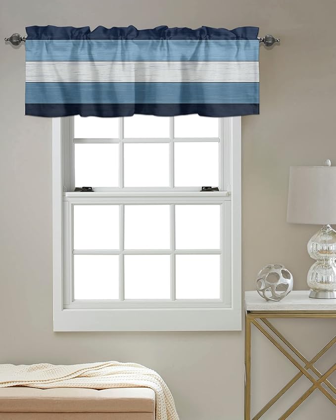 Farmhouse Kitchen Curtains Valances for Windows ,Navy Sky Blue White Rod Pocket Country Window Treatment for Kitchen /Living Room/Bedroom/ Bathroom,54" X 18" -1 Panel, Retro Rustic Barn Wood Texture