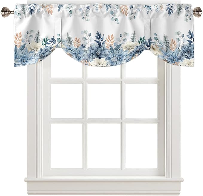 Blue Christmas Poinsettia Blackout Tie Up Valance Curtains for Kitchen Windows Winter Eucalyptus Leaves Window Toppers Balloon Shades for Living Room/Bathroom/Bedroom,1 Panel, 42" X 18",