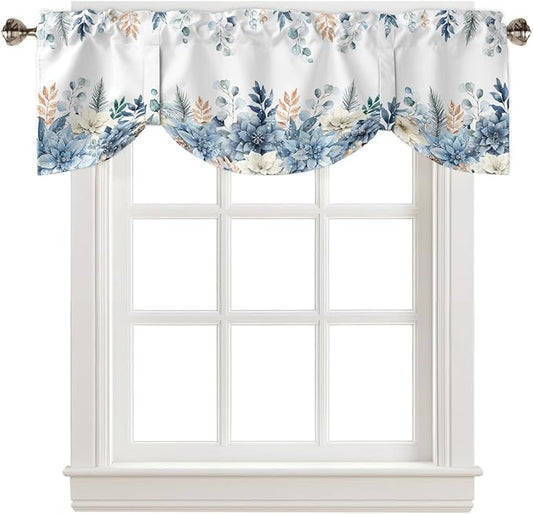 Blue Christmas Poinsettia Blackout Tie Up Valance Curtains for Kitchen Windows Winter Eucalyptus Leaves Window Toppers Balloon Shades for Living Room/Bathroom/Bedroom,1 Panel, 42" X 18",