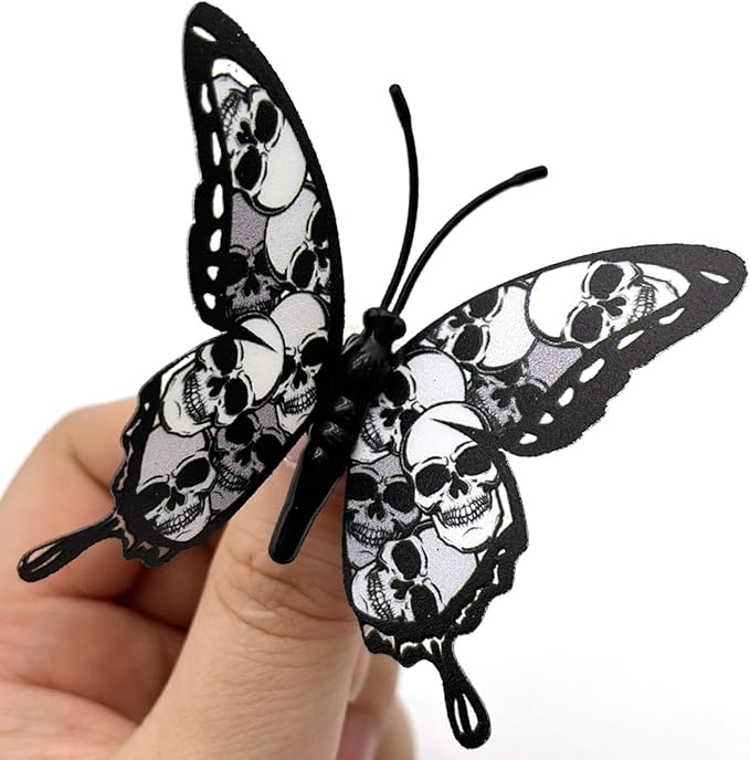 Halloween Wall Decor 3D Skull Butterfly Wall Stickers Halloween Decorations Black Skeleton Butterfly Wall Decals Removable Skull Stickers for Gothic Home Decor Bedroom Room Window Supplies 12Pcs