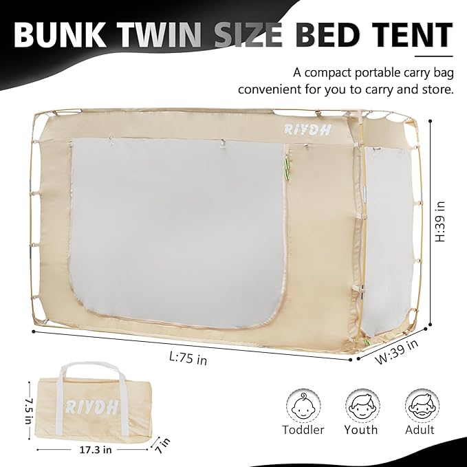Bed Tent Bed Canopy Bunk Twin Size Tents for Adult and Kids- Portable Dream Tent Indoor Sleeping Tents 70% Blackout with 3 Doors Breathable Big Space Tents
