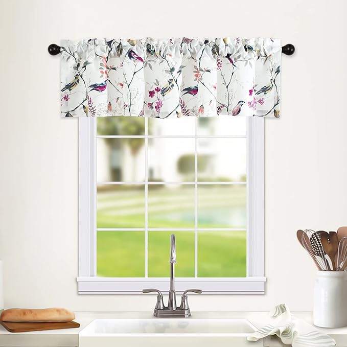 Leeva Valances for Kitchen Windows, Birds Print Vintage Pattern Rod Pocket Window Treatment for Door Head Living Room, 52 x 12, Purple, One Panel