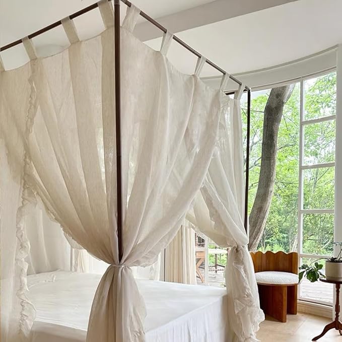 Elegant Modern Linen Princess 4 Corner Post Mosquito Net Romantic for Girls Women Bed Curtain Canopy for Adult Wedding Bedroom Kids Rooms Decoration (White-Beige, King)