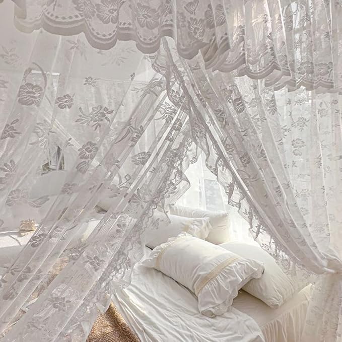 Elegant Princess 4 Corner Post Mosquito Net Romantic for Girls Women Bed Curtain Canopy for Adult Wedding Bedroom Kids Rooms Decoration (Type2-Beige-White, Full)