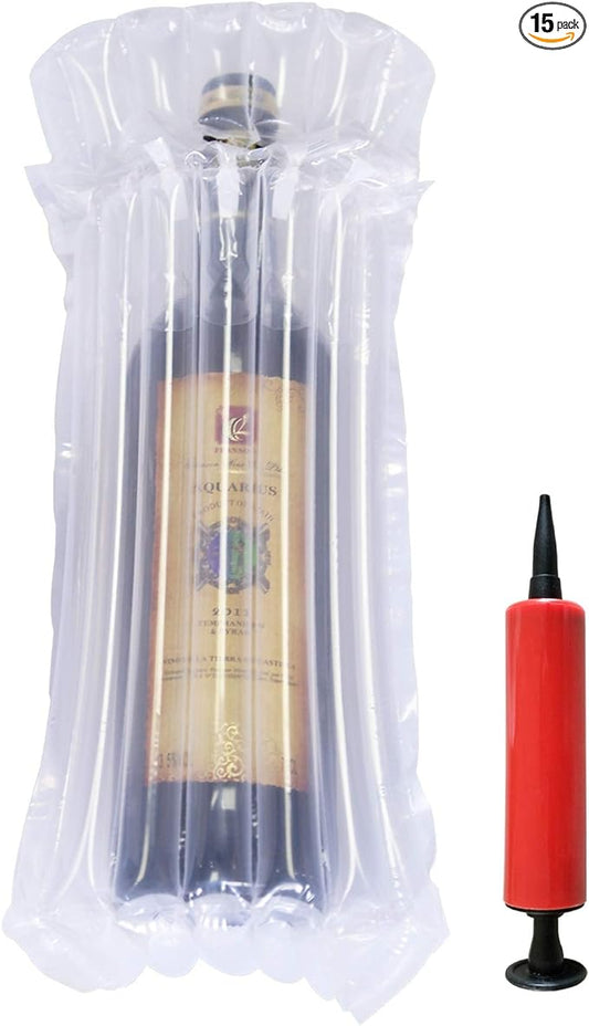STNTUS INNOVATIONS Wine Bottle Protector, 15 Pack Bubble Cushion Wrap Sleeves for Luggage, Airplane Travel, Transport, Safety Shipping, Inflatable Air Filled Packaging Bags with Pump.
