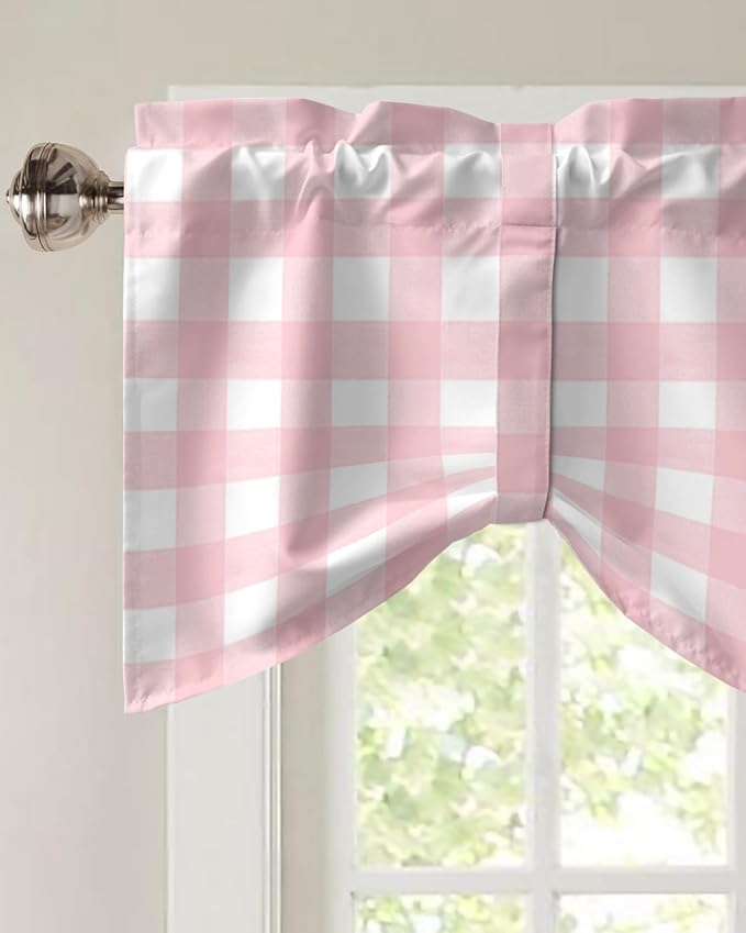 Christmas Blackout Tie Up Valance Curtains for Kitchen Windows Rustic Pink White Buffalo Check Plaid Pattern Window Toppers Balloon Shades for Living Room/Bathroom/Bedroom,1 Panel, 60" X 18",Farmhouse