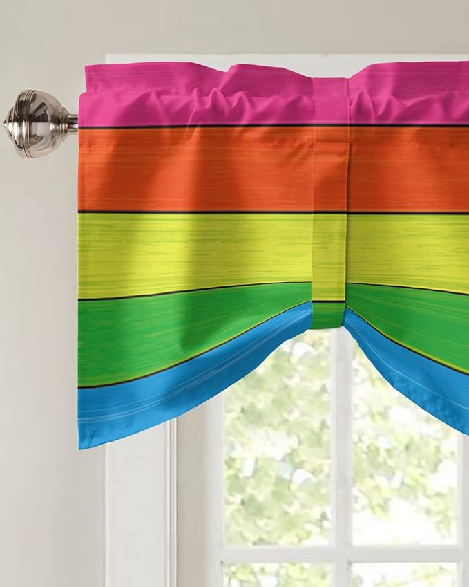 Farmhouse Blackout Tie Up Valance Curtains for Kitchen Windows,Rainbow Retro Rustic Barn Wood Texture Window Toppers Balloon Shades for Living Room/Bathroom/Bedroom,1 Panel,42" X 12" -1 Panel