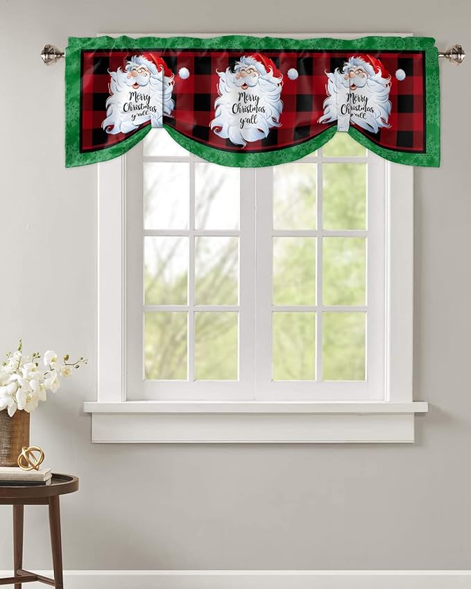 Merry Christmas Y'all Blackout Tie Up Valance Curtains for Kitchen Windows XMAS Santa Claus Window Toppers Balloon Shades for Living Room/Bathroom/Bedroom,1 Panel,42" X 18" Red Buffalo Plaid