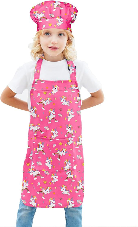 Kids Apron Chef Hat Set for Boys and Girls Adjustable Neck Strap Hook and Loop Fastener Design Waistband for Baking