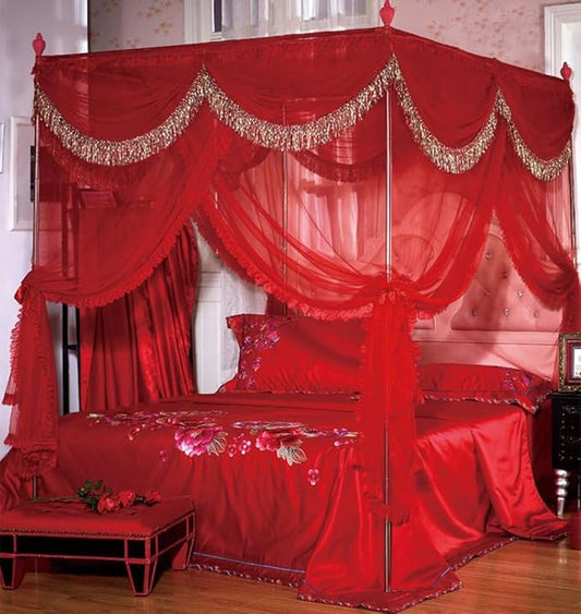 Mengersi Red Canopy Bed Curtains Bed Canopy,Four Corner Post Bed Curtains Elegant Bed Draperies Bedroom Decoration，California King