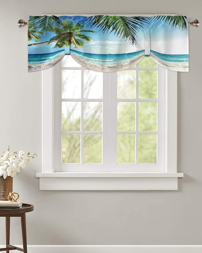 Palms Tree Ocean Blackout Tie Up Valance Curtains for Kitchen Windows Tropical Sea Window Toppers Balloon Shades for Living Room/Bathroom/Bedroom,1 Panel,54" X 18" Beach Theme