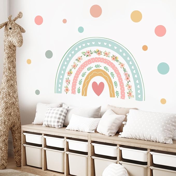 Large Boho Rainbow Wall Decals Boho Polka Dot Flower Rainbow Wall Stickers Peel and Stick Nursery Wallpaper Vinyl Decals for Home Farmhouse Girls Bedroom Decoration