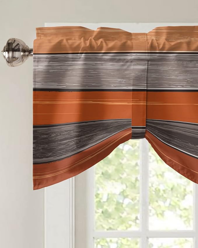 Farmhouse Thanksgiving Fall Blackout Tie Up Valance Curtains for Kitchen Windows Burnt Orange Gray Window Toppers Balloon Shades for Living Room/Bathroom/Bedroom,1 Panel,42" X 12" Rustic Wood Texture