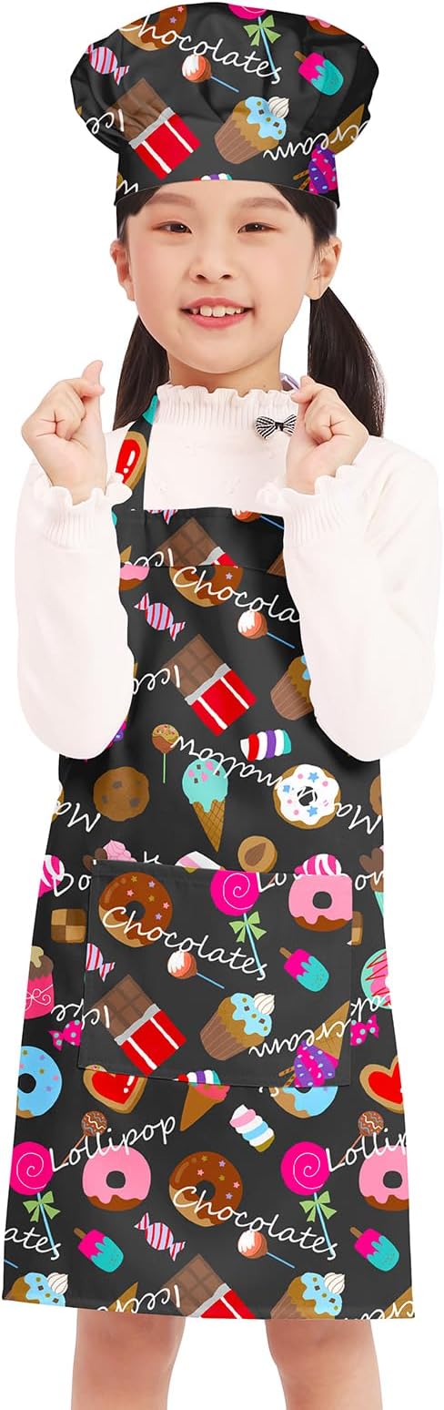 Kids Apron Chef Hat Set for Boys and Girls Adjustable Neck Strap Hook and Loop Fastener Design Waistband for Baking