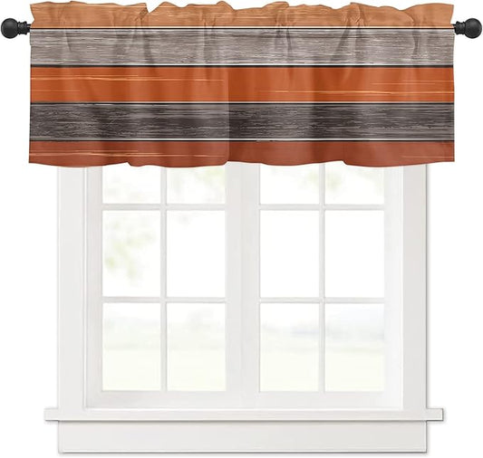 Farmhouse Kitchen Curtains Thanksgiving Fall Valances for Windows Burnt Orange Gray Rod Pocket Country Window Treatment for Kitchen /Living Room/Bedroom/ Bath,60" X 18" -1 Panel, Rustic Wood Texture