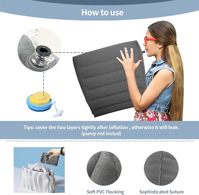 Nevife Inflatable Triangle Bed Wedge Pillow-Fast Inflating/Deflation Valve-Portable Travel Leg Elevation,Adjustable Incline Pillow for Back Support,Sleeping, Acid Reflux,Snuoring,Footrest