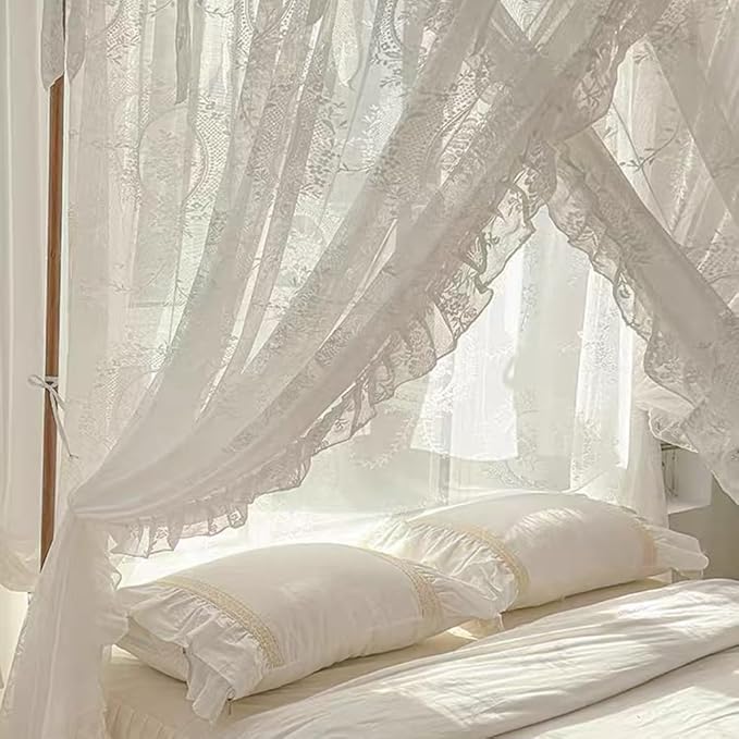 Elegant Lace Princess 4 Corner Post Mosquito Net Romantic for Girls Women Bed Curtain Canopy for Adult Wedding Bedroom Kids Rooms Decoration (Color-A, Queen)