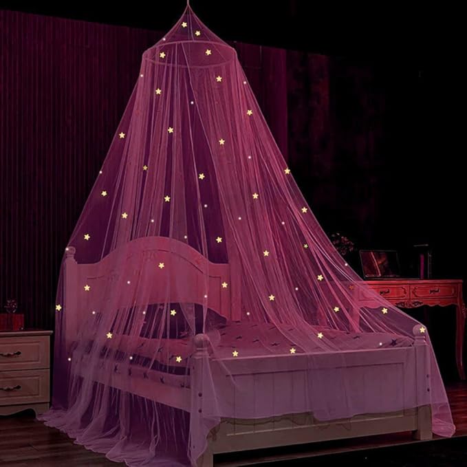 Bed Canopy for Girls, Glowing Stars Bed Curtain Draperies Romantic Mosquito Net for Baby, Kids, Adult (Purple)