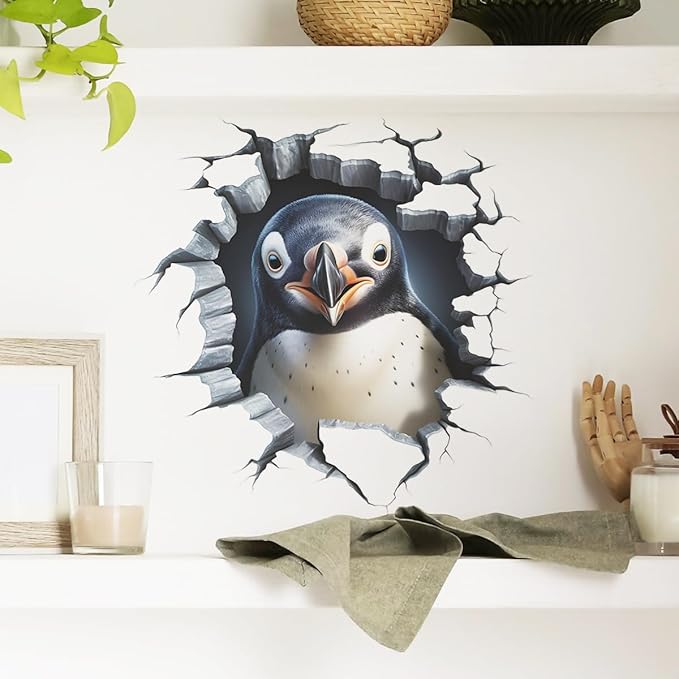 3 PCS Broken Penguin Wall Decals Break Through The Wall Penguin Wall Stickers Removable 3D Animal Wal Art Decor for Kids Room Playroom Nursery Bathroom