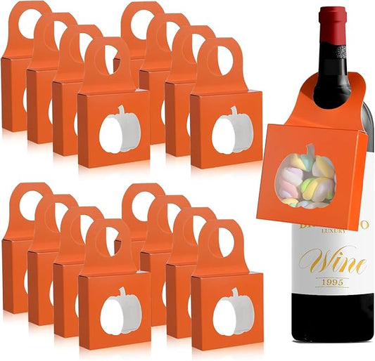 Megitzuu 30PCS Wine Bottle Box with Window, Kraft Paper Wine Boxes for Halloween Gifts Hanging Pumpkin Treat Box Mini Charcuterie Boxes Wine Bottles Gift Bags Goodies Candy Box Party Favor (Orange)