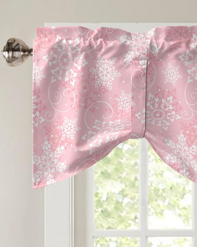 Christmas Blackout Tie Up Valance Curtains for Kitchen Windows Pink White Snowflakes Pattern Window Toppers Balloon Shades for Living Room/Bathroom/Bedroom,1 Panel, 60" X 18", Winter