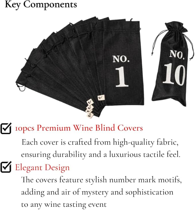 VINOPIE Black Blind Tasting Wine Bags Cover Pouch Kit Tasting Sleeve With Numbering 1to10 Mark Printed On It (10pcs) Hessian Cloth Glass Bottle Gift Bags for Christmas Wedding Party Decoration