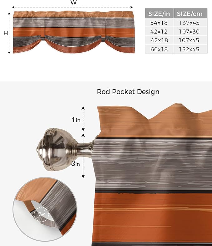Farmhouse Thanksgiving Fall Blackout Tie Up Valance Curtains for Kitchen Windows Burnt Orange Gray Window Toppers Balloon Shades for Living Room/Bathroom/Bedroom,1 Panel,60" X 18" Rustic Wood Texture