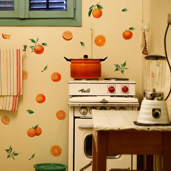 Fruit Orange Wall Decals，Orange Wall Stickers，Tangerine Fruit and Leaves Decal，Vinyl Wall Decals for Bedroom Living Room Nursery Wall Decor Wall Art(Orange)