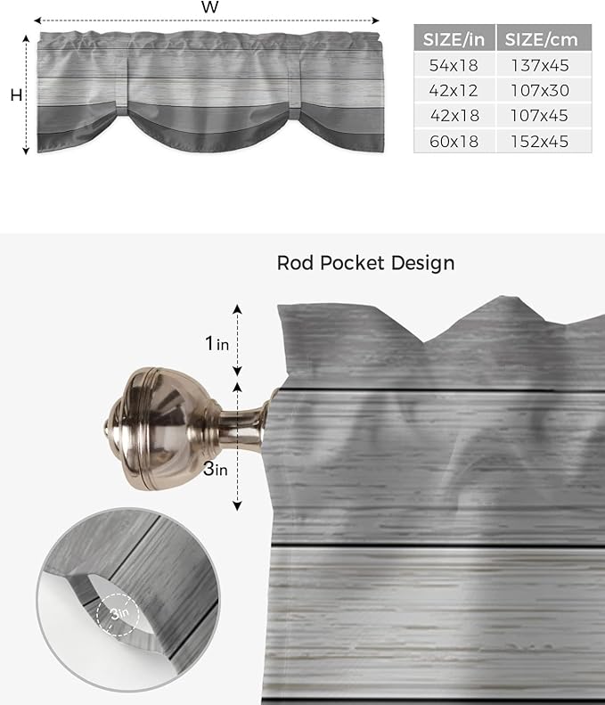 Farmhouse Blackout Tie Up Valance Curtains for Kitchen Windows, Grey Blackout Tie Up Window Toppers Balloon Shades for Living Room/Bathroom/Bedroom,1 Panel,42" X 18"