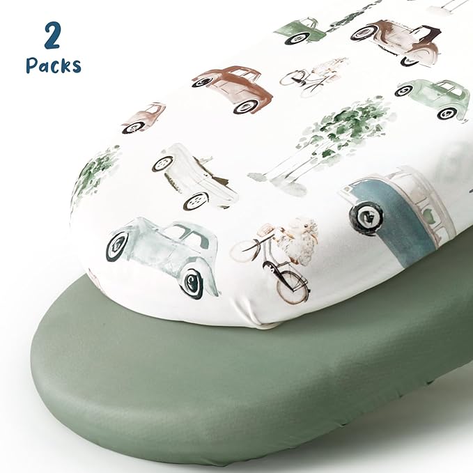 GRSSDER Stretchy Ultra Soft Fitted Bassinet Sheet Set 2 Pack, Universal Fit for Bassinets Baby Cradle Moses Basket Oval Rectangle Mattress Safe and Snug, Stylish Bassinet Sheets of Cars Print for Boys