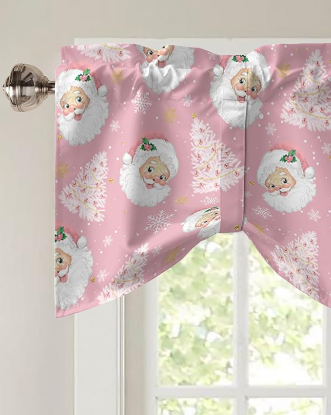 Pink Christmas Blackout Tie Up Valance Curtains for Kitchen Windows Santa Claus Merry Christmas Tree Window Toppers Balloon Shades for Living Room/Bathroom/Bedroom,1 Panel, 42" X 18", Winter Snowflake