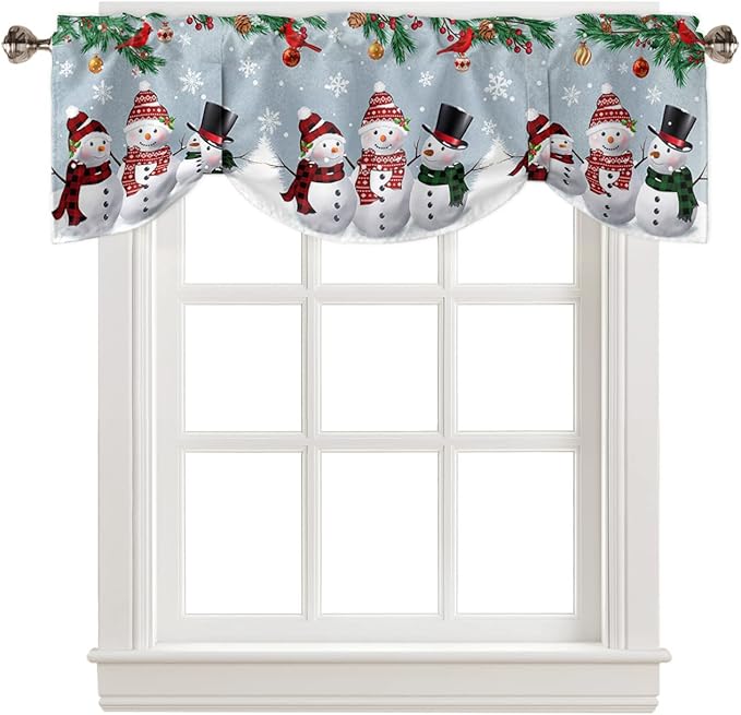 Christmas Blackout Tie Up Valance Curtains for Kitchen Windows Snowman Cardinal Window Toppers Balloon Shades for Living Room/Bathroom/Bedroom,1 Panel,42" X 18" Bluish Grey Winter Holiday