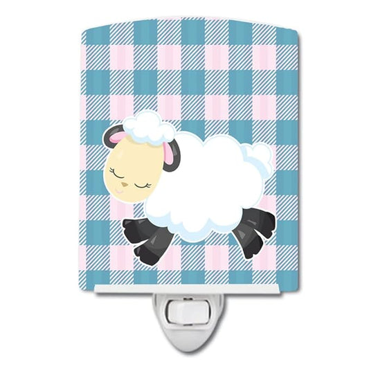Caroline's Treasures BB6874CNL Sheep on Blue Gingham Ceramic Night Light Compact, UL-Certified, Ideal for Bedroom, Bathroom, Nursery, Hallway, Kitchen, 6x4x3, Multicolor