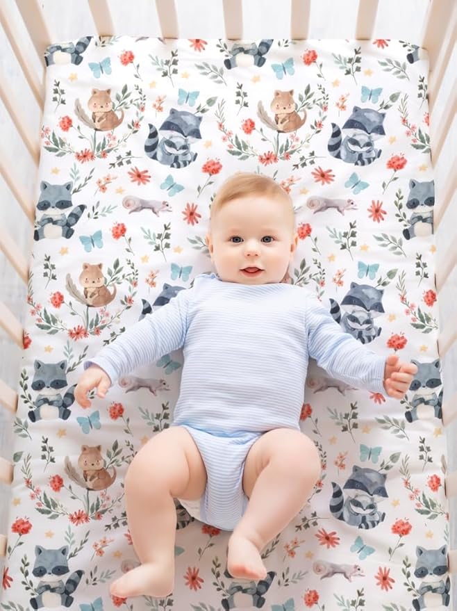 4 Pack Woodland Forest Animals Wood Neutral Unisex Fitted Baby Crib Sheets Set for Baby Boys or Girls (Cartoon Beer, 52 * 28)
