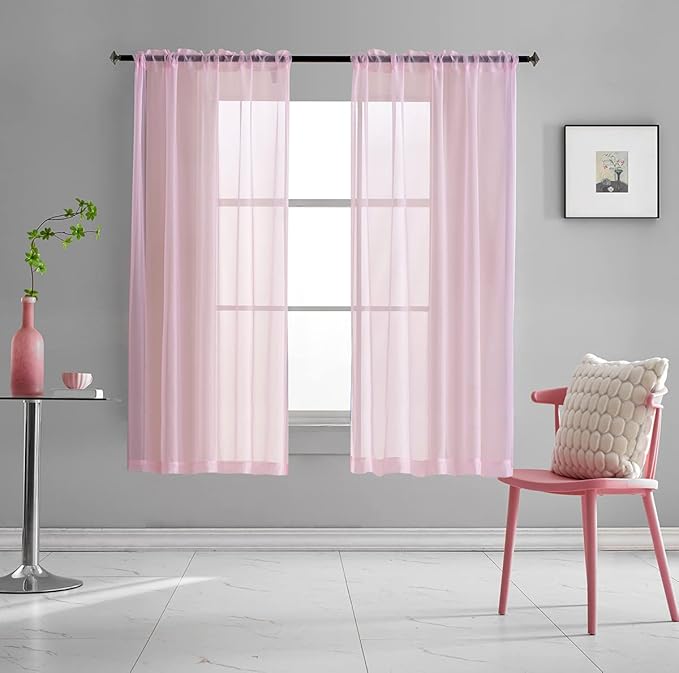Pink Sheer Voile Curtains Short Solid Color Window Treatment 63 Inches Long Panels Rod Pocket Baby Pink sheers for Bedroom Girls Living Room 2 Panels Set 52x63
