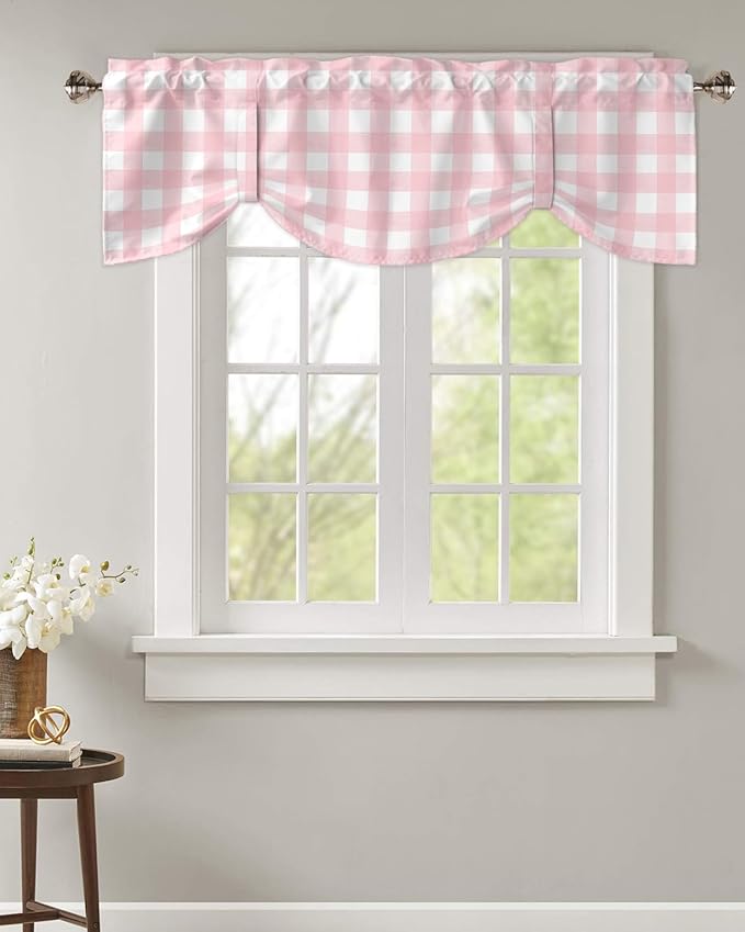 Christmas Blackout Tie Up Valance Curtains for Kitchen Windows Rustic Pink White Buffalo Check Plaid Pattern Window Toppers Balloon Shades for Living Room/Bathroom/Bedroom,1 Panel, 54" X 18",Farmhouse