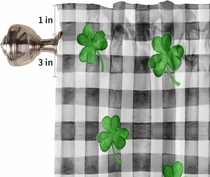 St. Patrick's Day Kitchen Curtains and Valances Set, Buffalo Plaid Shamrock Gnome Window Tiers Spring Holiday Farmhouse Decor Half/Short Curtains for Small Windows Cafe /Living Room/ Bedroom 54x24