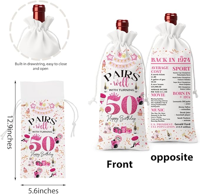 50th Birthday Gifts for Her Him Wine Bag, 50 Year Old Birthday Gifts for Women, 50 Year Old Birthday Party Decorations for Women, Pairs Well with Turning 50 Wine Bag (White Pink)