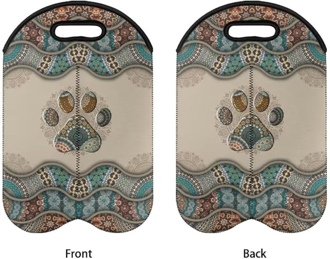 doginthehole 2 Bottle Wine Carrier Travel Bag Boho Dog Paw Print Thick Insulated Neoprene Wine Tote Portable Champagne/Water Bottle/Beer/Drinks Carrying Bag for Travel, Picnic, Party