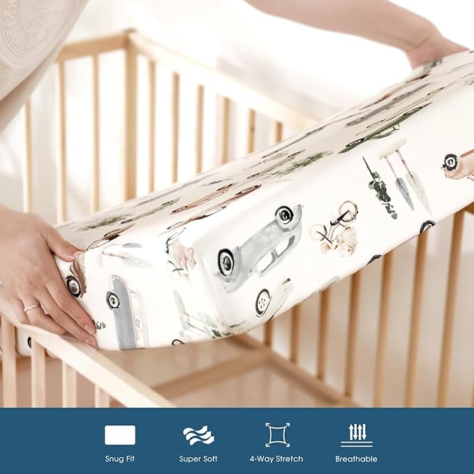 GRSSDER Stretchy Ultra Soft Jersey Knit Fitted Crib Sheets Set 2 Pack, Universal Fitted All Standard Crib Mattress Pads Safe and Snug, Crib Fitted Sheet for Baby, Neutral Pattern of Cartoon Cars Print