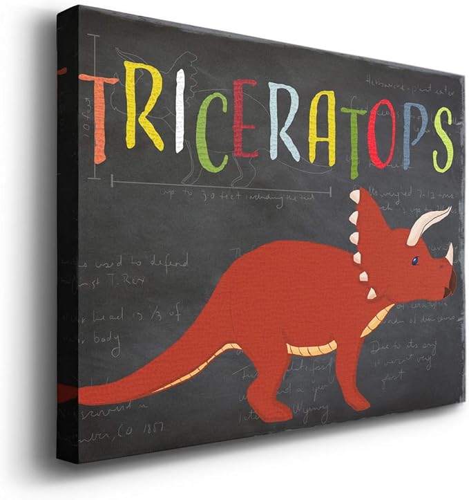 Renditions Gallery Canvas Animal Wall Art Modern Decorations Paintings Colorful Playful Triceratops Vibrant Dinosaur Canvas Wall Hanging Artwork for Kids Bedroom Nursery - 24"x36" LT33