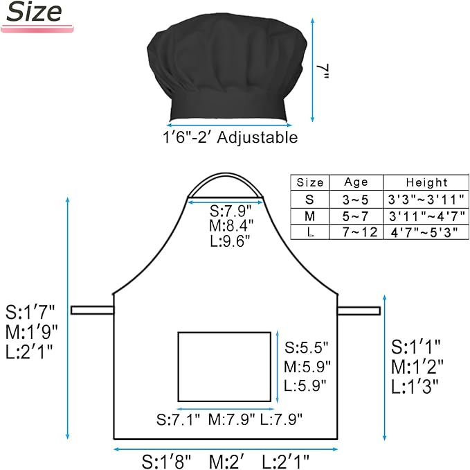 Kids Apron Chef Hat Set for Boys and Girls Adjustable Neck Strap Hook and Loop Fastener Design Waistband for Baking