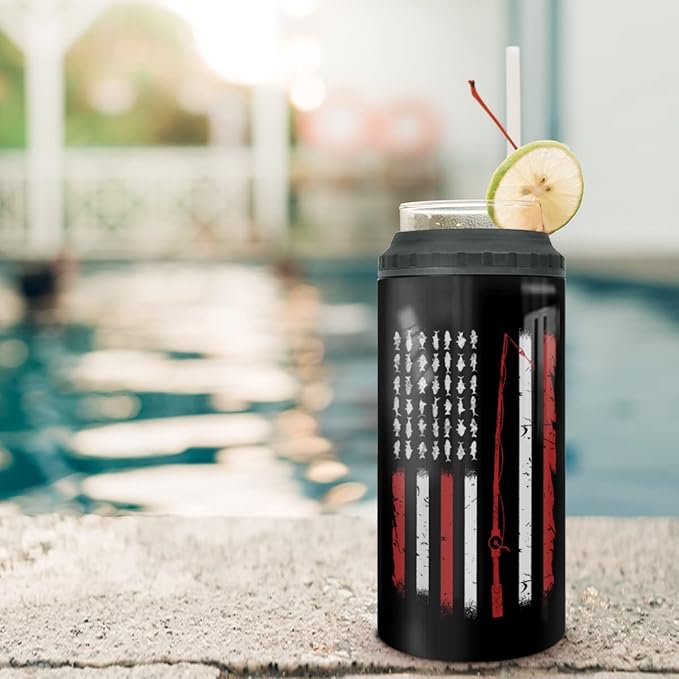 winorax Fishing Gifts For Men Reel Cool Dad Tumbler Can Cooler 4-in-1 America Flag Stainless Steel 16oz Travel Cup Father's Day Birthday Gifts for Dad Fisherman Husband from Son Daughter Wife