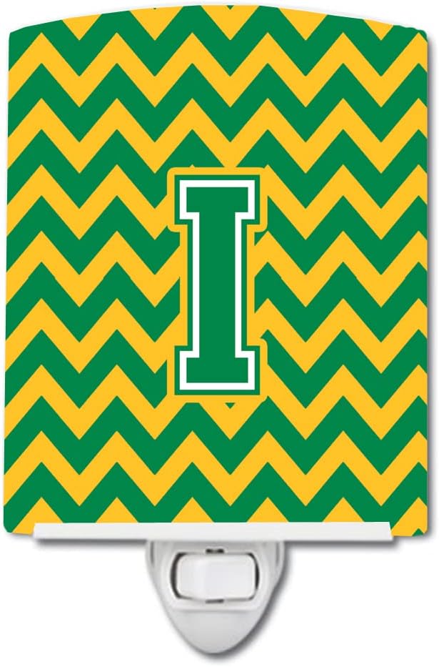Caroline's Treasures CJ1059-ICNL Letter I Chevron Green and Gold Ceramic Night Light Compact, UL-Certified, Ideal for Bedroom, Bathroom, Nursery, Hallway, Kitchen, 6x4x3, Multicolor