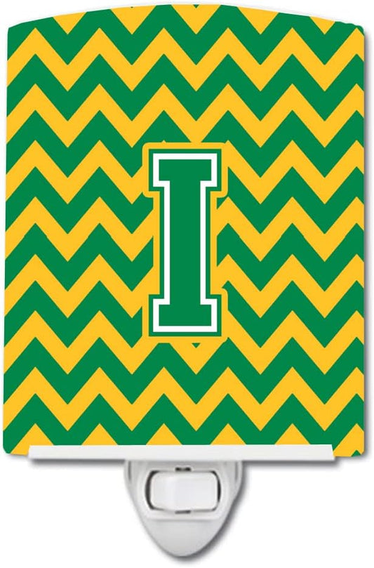 Caroline's Treasures CJ1059-ICNL Letter I Chevron Green and Gold Ceramic Night Light Compact, UL-Certified, Ideal for Bedroom, Bathroom, Nursery, Hallway, Kitchen, 6x4x3, Multicolor
