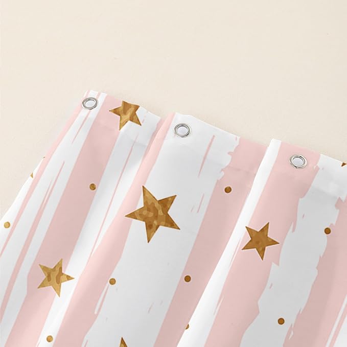AILONEN Stars Shower Curtain, Pink Striped and Gold Stars Waterproof Shower Curtain,Simple Vintage Style Shower Curtain Liner for Girls Women Adults,72" W*78" H