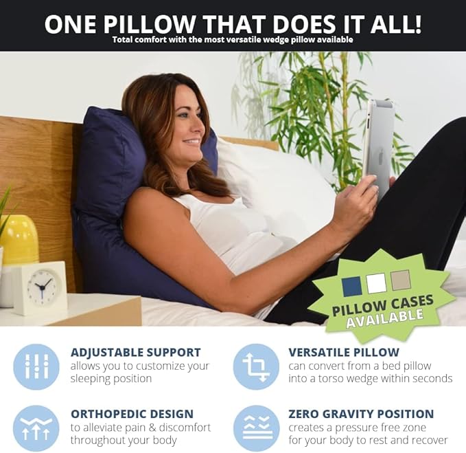 Contour Flip Pillow 10-in-1 Bed Wedge Body Support Pillow, King with Navy Blue Pillowcase Pillow Protector Cover