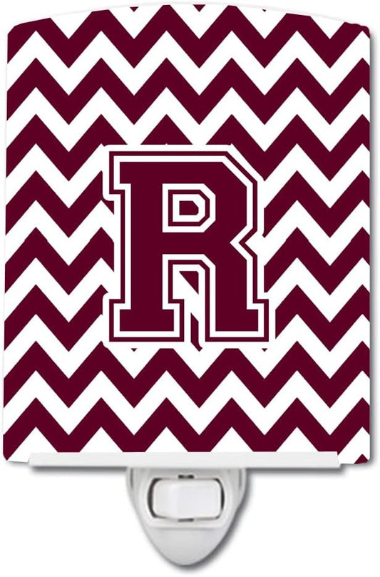 Caroline's Treasures CJ1051-RCNL Letter R Chevron Maroon and White Ceramic Night Light Compact, UL-Certified, Ideal for Bedroom, Bathroom, Nursery, Hallway, Kitchen, 6x4x3, Multicolor